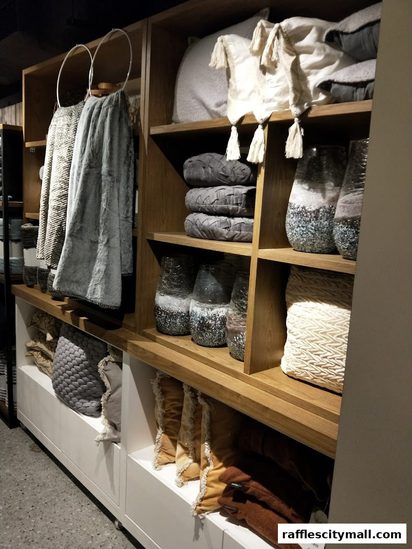 A display of home decor items including pillows, throws, and decorative vases on wooden shelves.