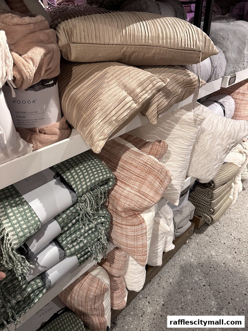 A display of cozy home textiles, including plush pillows and soft throws in various textures and colors.