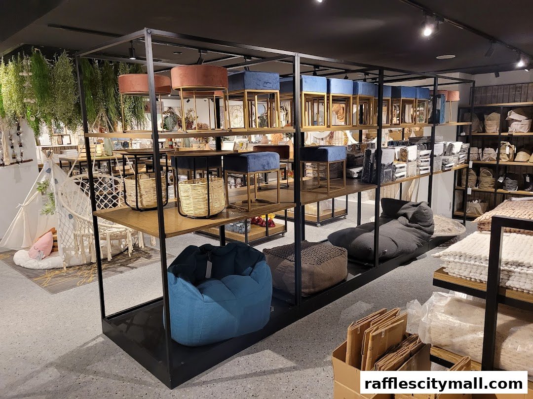 Interior view of a home decor shop with shelves displaying various items like beanbags, baskets, and decorative pieces.