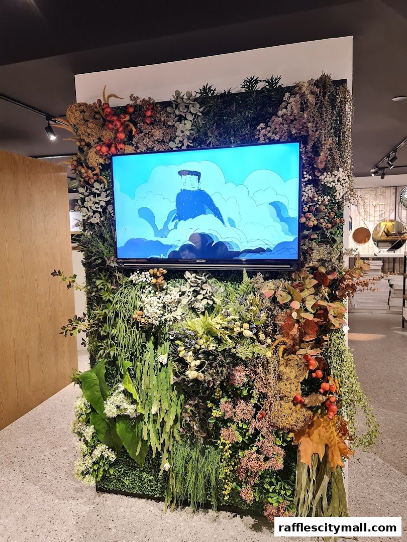 A television screen displays animated art on a wall covered in lush greenery and floral arrangements.
