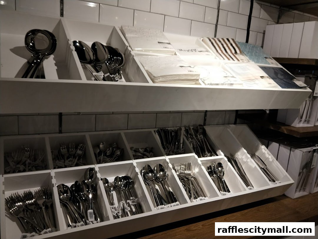 Display of various cutlery sets and napkins on shelves in a retail store.