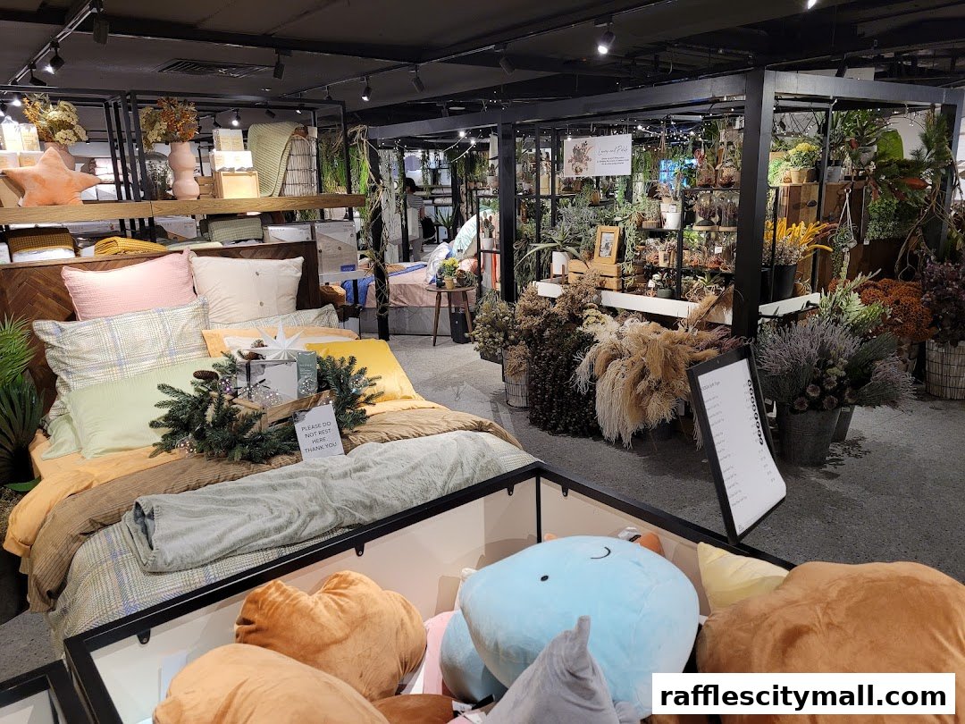 A retail shop interior featuring a bed display and a section with plants and home decor.