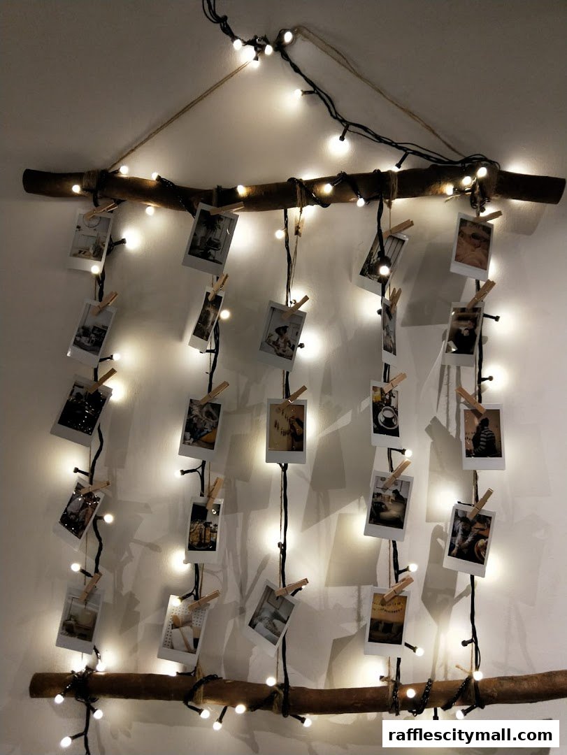 A rustic photo display with fairy lights and clipped photos on branches.
