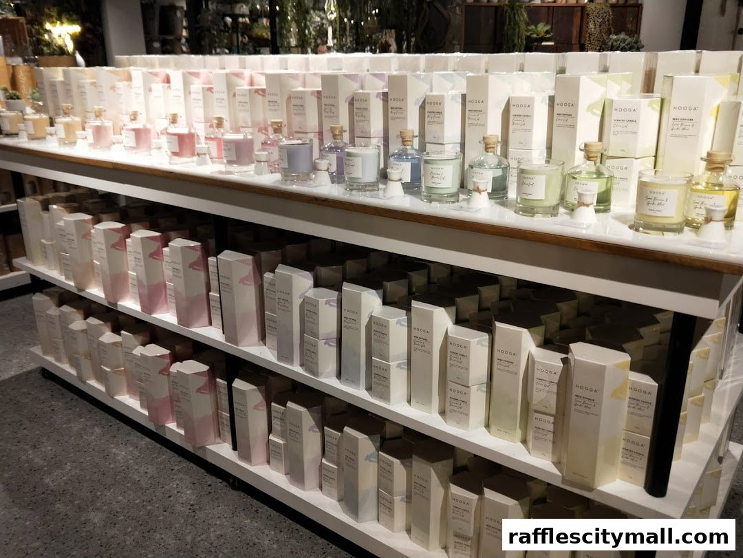 Shelves filled with HOOGA branded scented candles and diffusers in minimalist packaging.