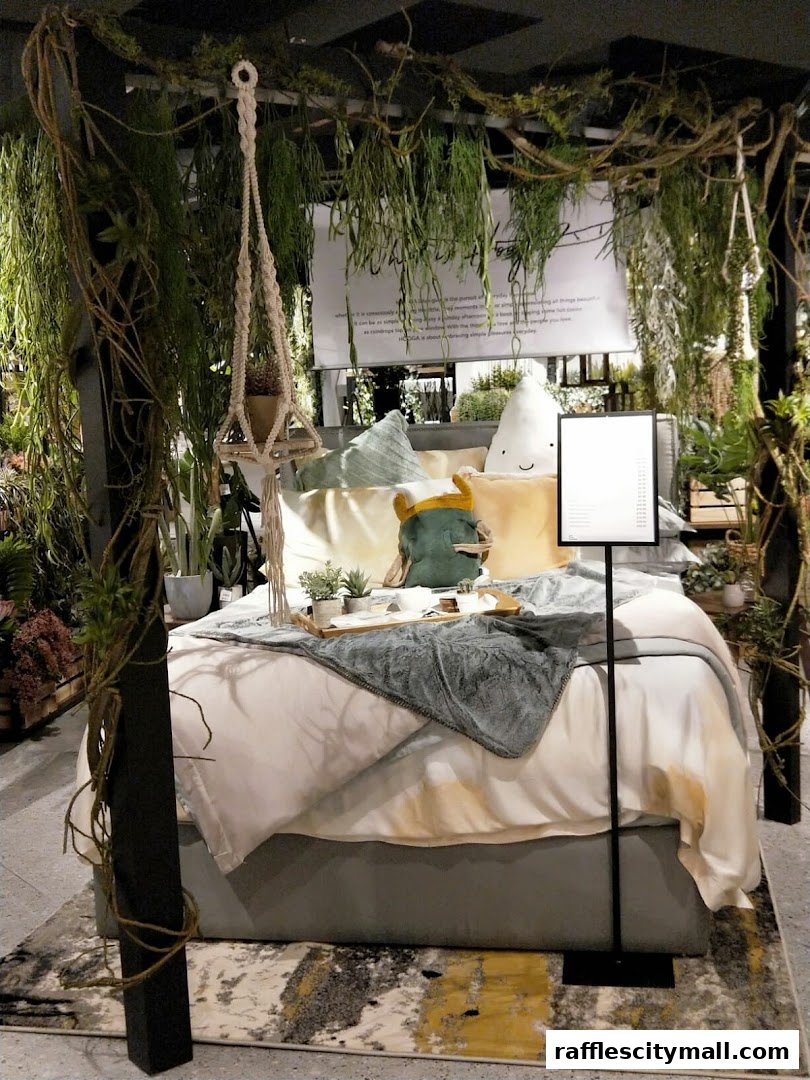 A beautifully styled bed display with lush greenery and decorative pillows, creating a cozy atmosphere.
