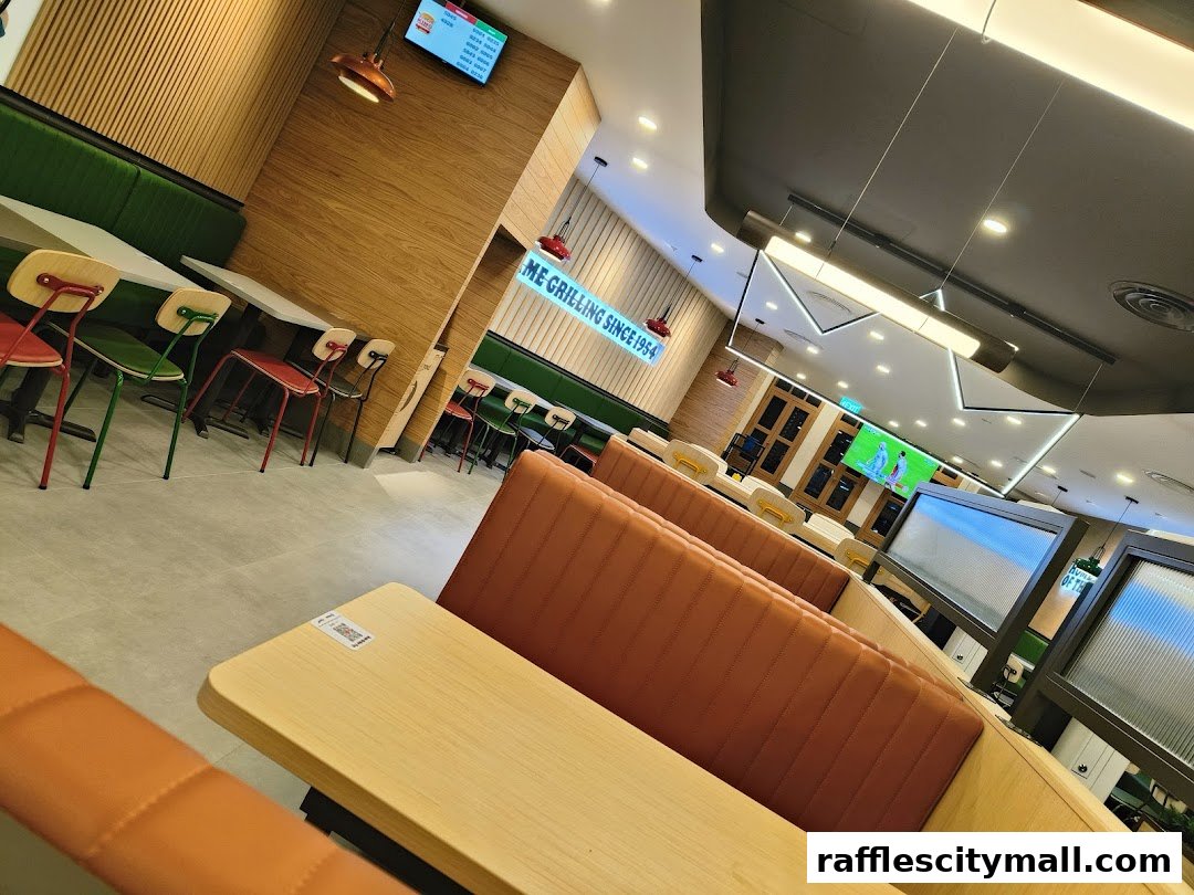 Interior view of a restaurant with booth seating, tables, and chairs, featuring a neon sign.