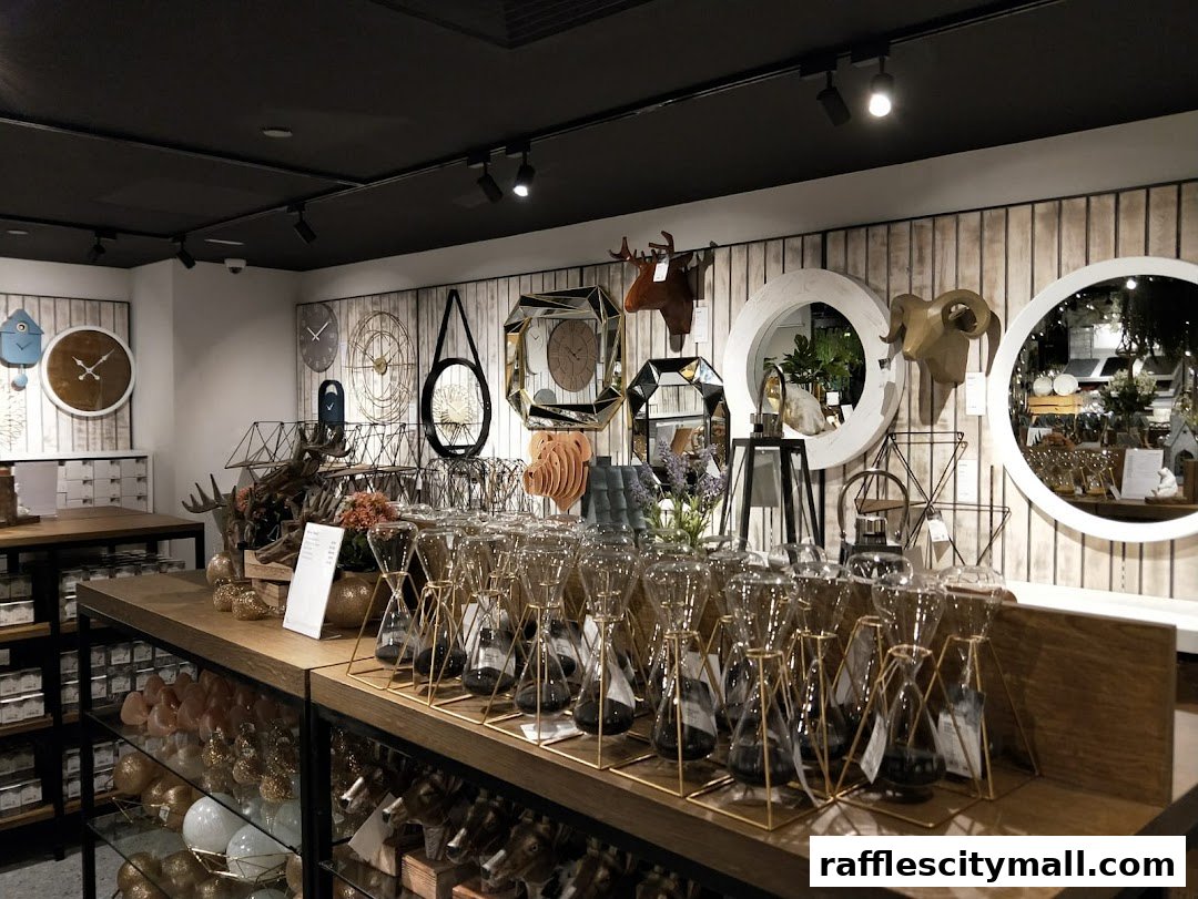 Interior view of a home decor shop with clocks, mirrors, and decorative items on display.