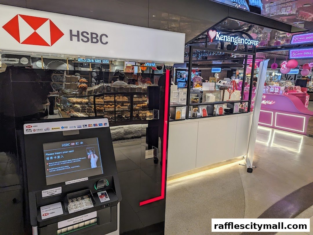 HSBC bank branch with an ATM and a coffee kiosk nearby in a shopping mall.