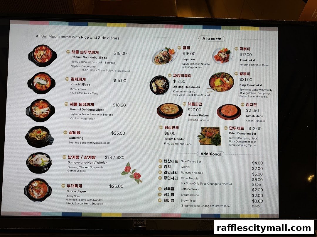 A digital menu displaying Korean dishes with prices and descriptions.