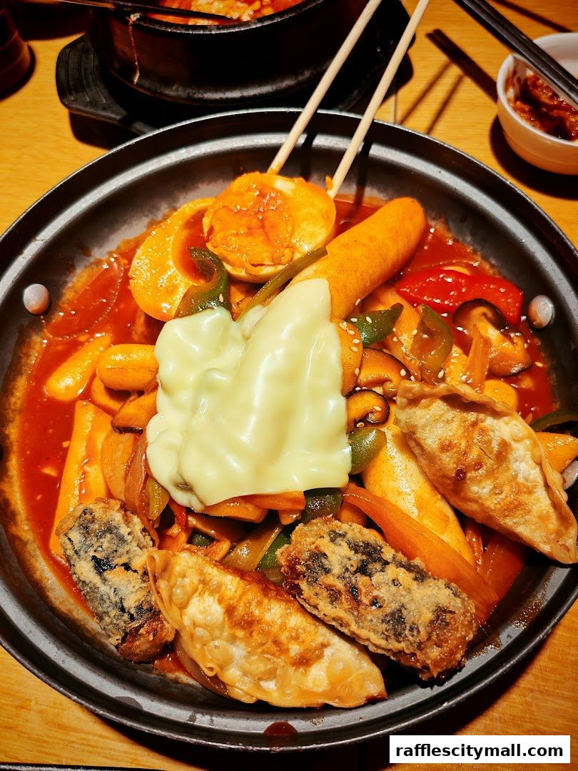 A close-up shot of a delicious Korean dish with tteokbokki, dumplings, and cheese.