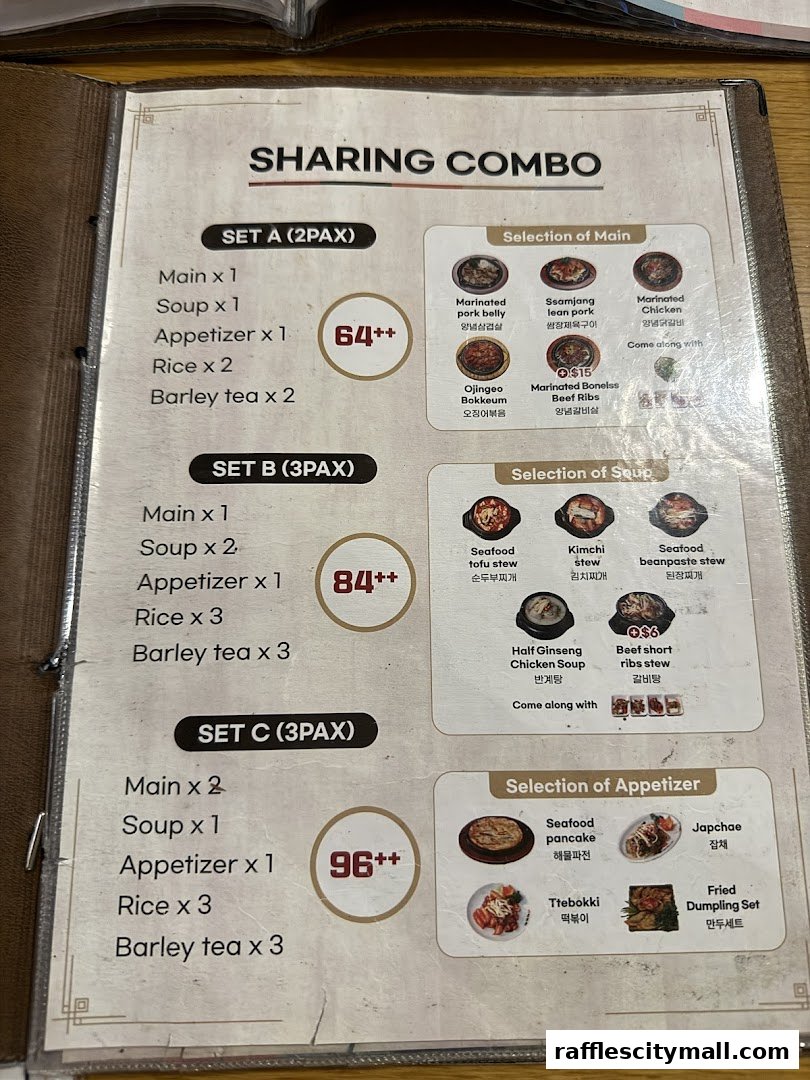 A menu for Korean sharing combos with options for mains, soups, and appetizers.
