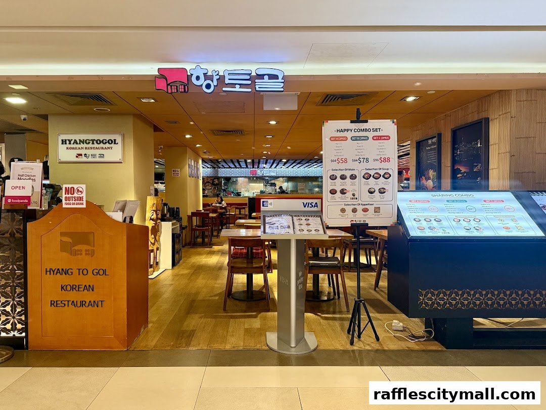 The entrance of Hyang-to-gol Korean Restaurant with menus and seating visible inside.