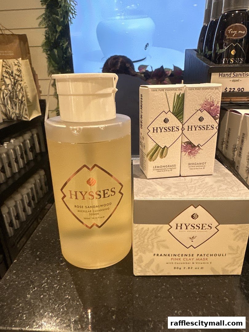 A display of HYSSES skincare products including a micellar cleansing toner, essential oils, and a pink clay mask.