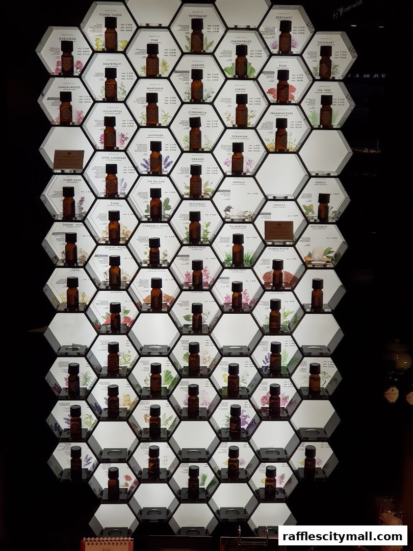 A wall display of hexagonal shelves showcasing various essential oil bottles with labels.