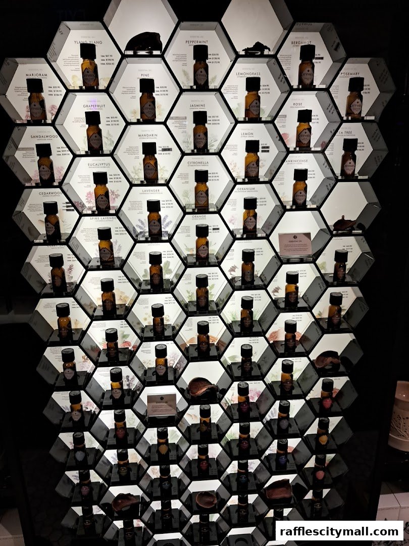 A wall display of small bottles of essential oils arranged in a honeycomb pattern.