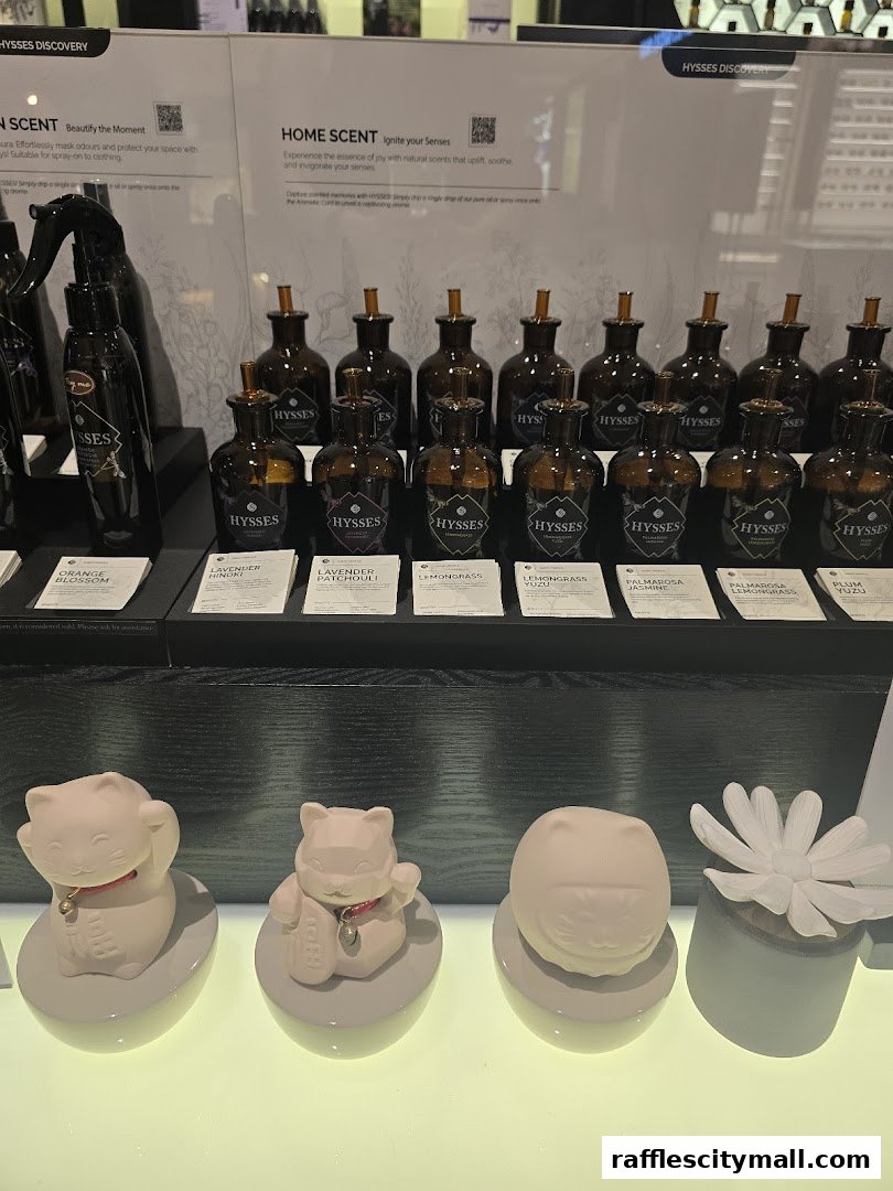 A display of various scented products, including bottles and decorative items, from the HYSSES brand.
