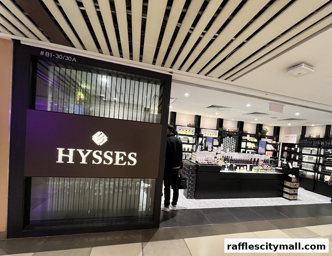 The entrance of the HYSSES shop, showcasing its products and branding.