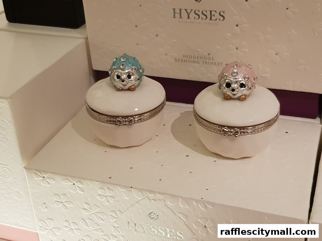 Two decorative hedgehog trinket boxes with rhinestones on top of white boxes.