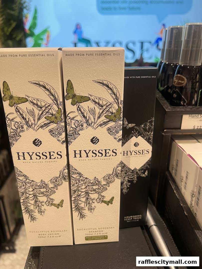 Product display featuring HYSSES shampoo, conditioner, and body lotion made from pure essential oils.