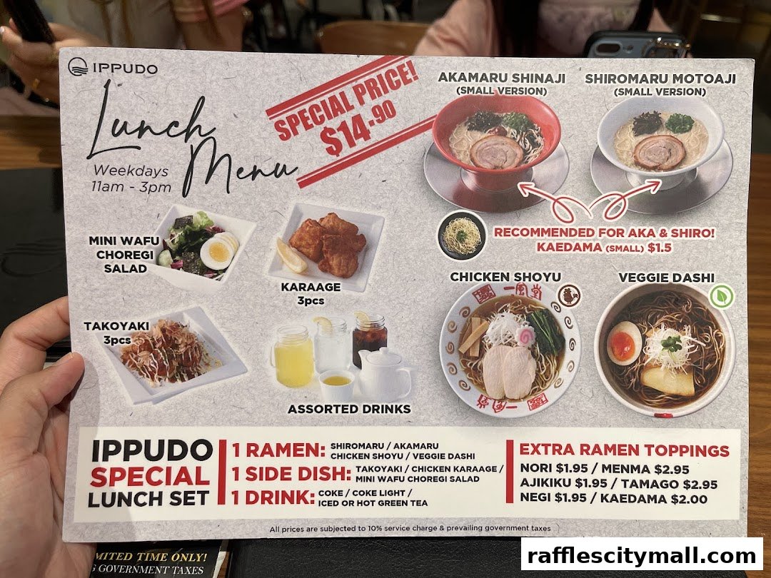 A lunch menu from IPPUDO featuring ramen, sides, drinks, and extra toppings.