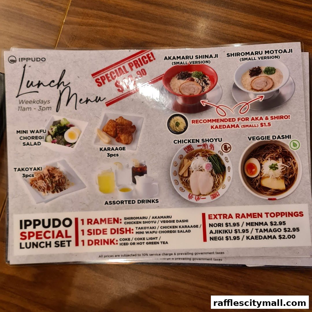 A lunch menu from IPPUDO featuring ramen, sides, drinks, and extra toppings.