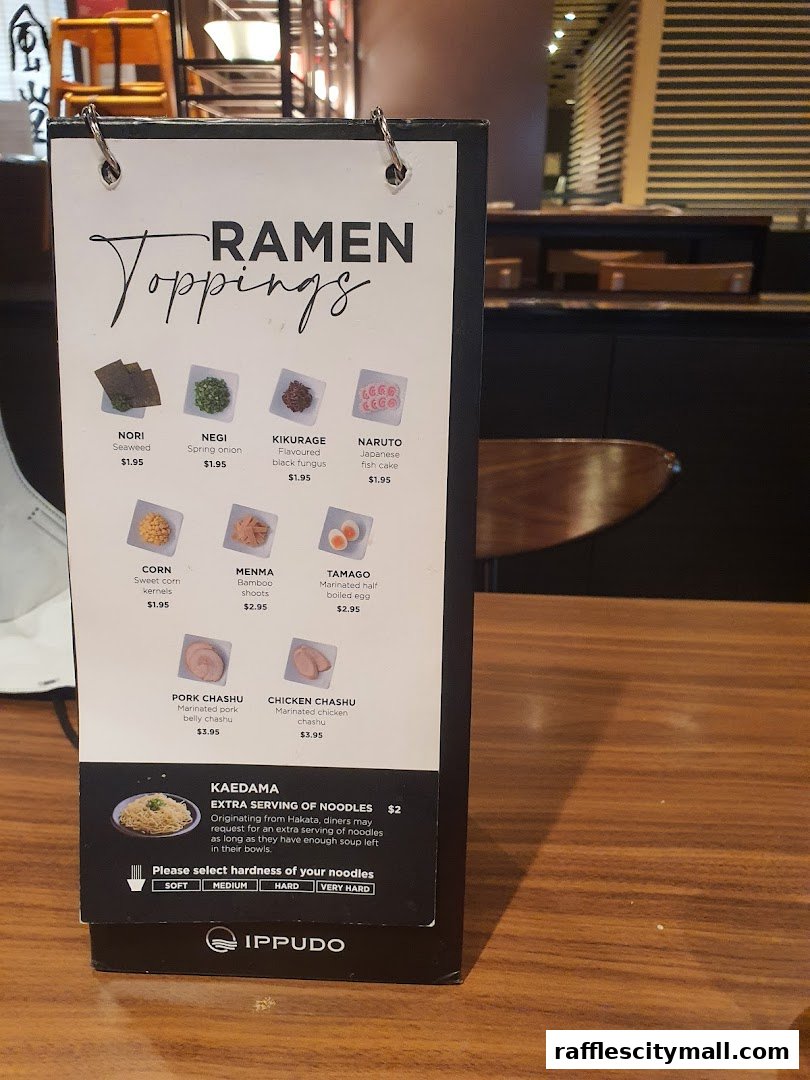 A menu for ramen toppings and extra noodles at IPPUDO.