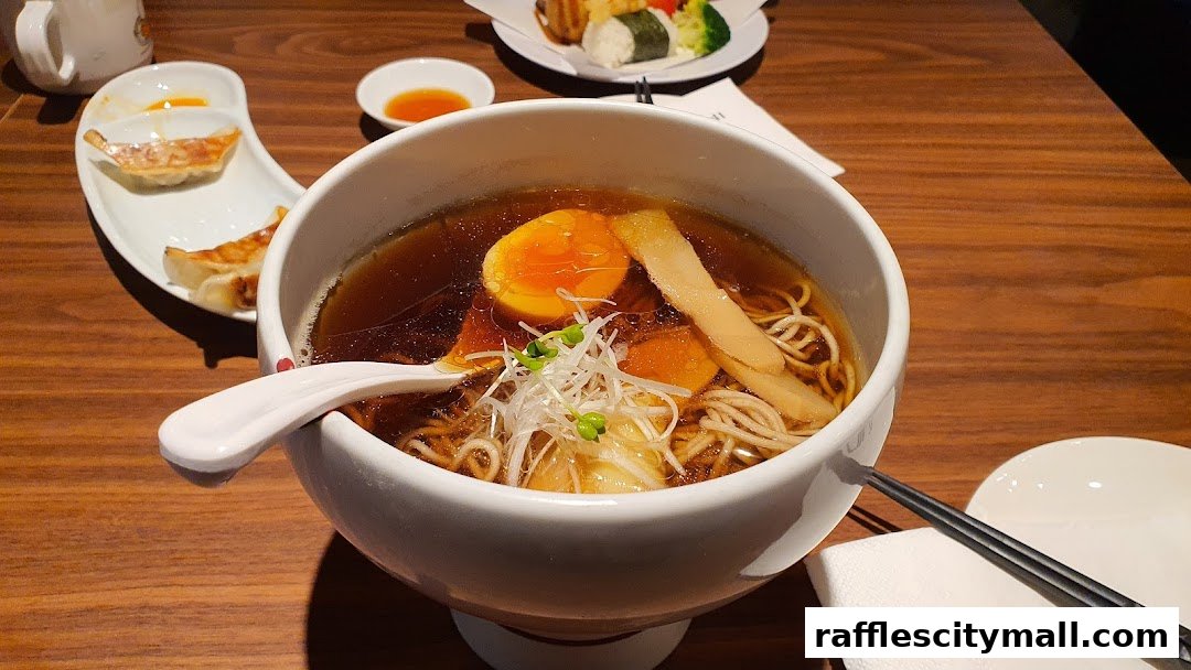 A close-up of a steaming bowl of ramen with a soft-boiled egg and dumplings on the side.