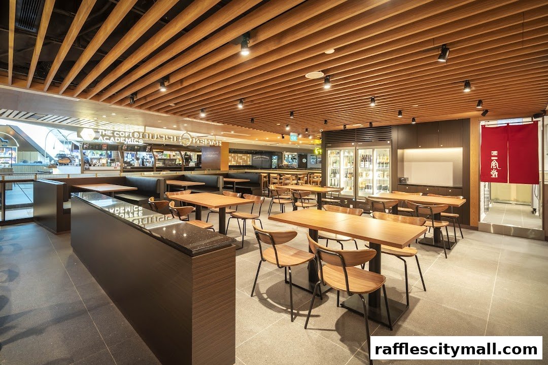 Interior view of a modern ramen restaurant with wooden tables, chairs, and ceiling.