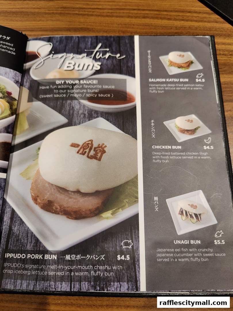 A menu page showcasing signature buns with descriptions and prices.