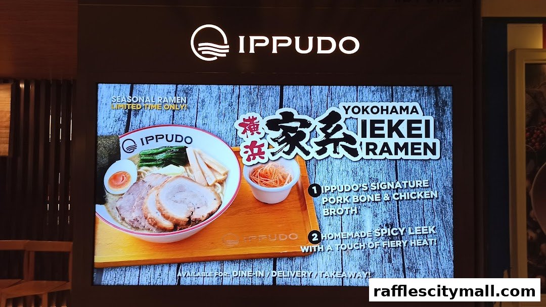A digital display showcasing Ippudo's Yokohama Iekei Ramen, a seasonal limited-time offering.