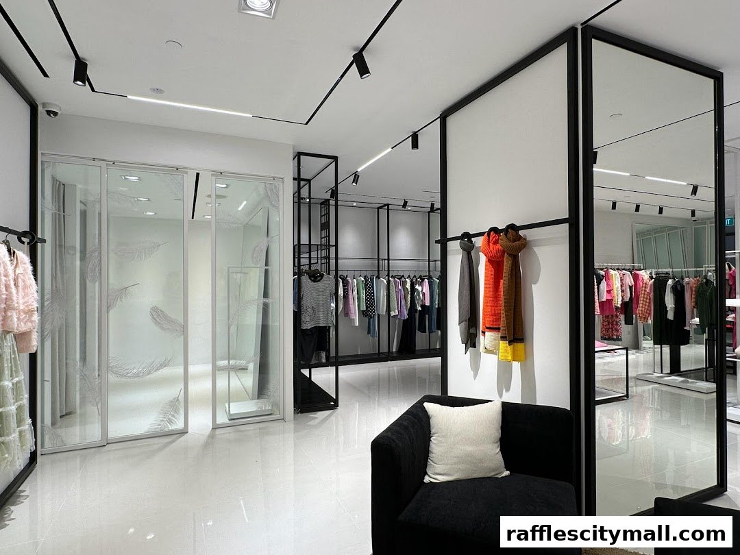 Interior view of a modern clothing boutique with racks of apparel and a seating area.