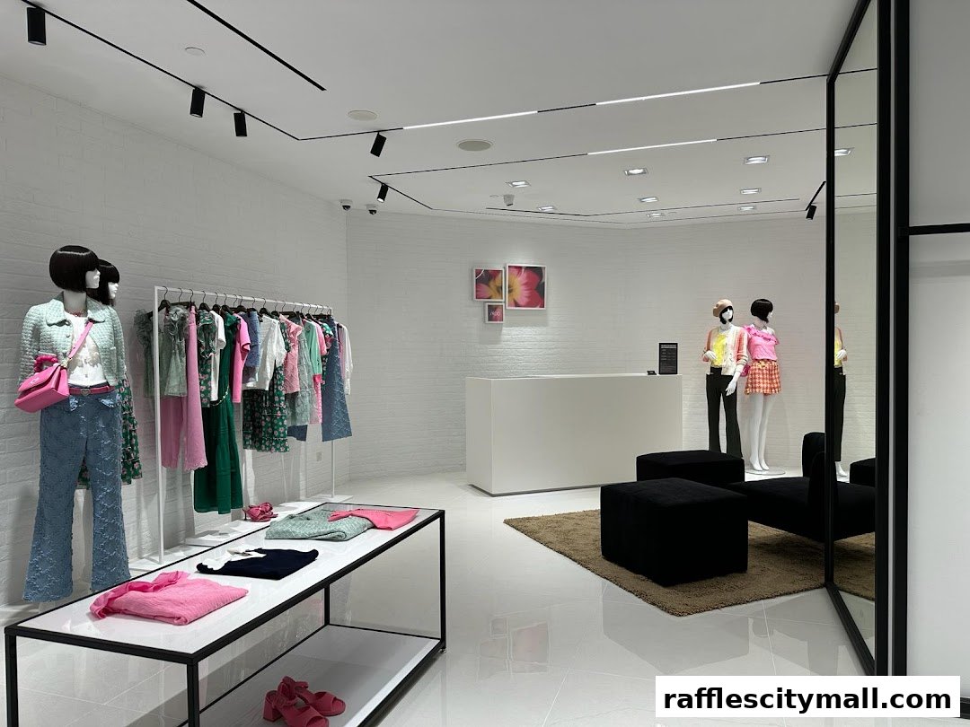 Interior view of a bright, modern clothing store with mannequins and clothing racks.