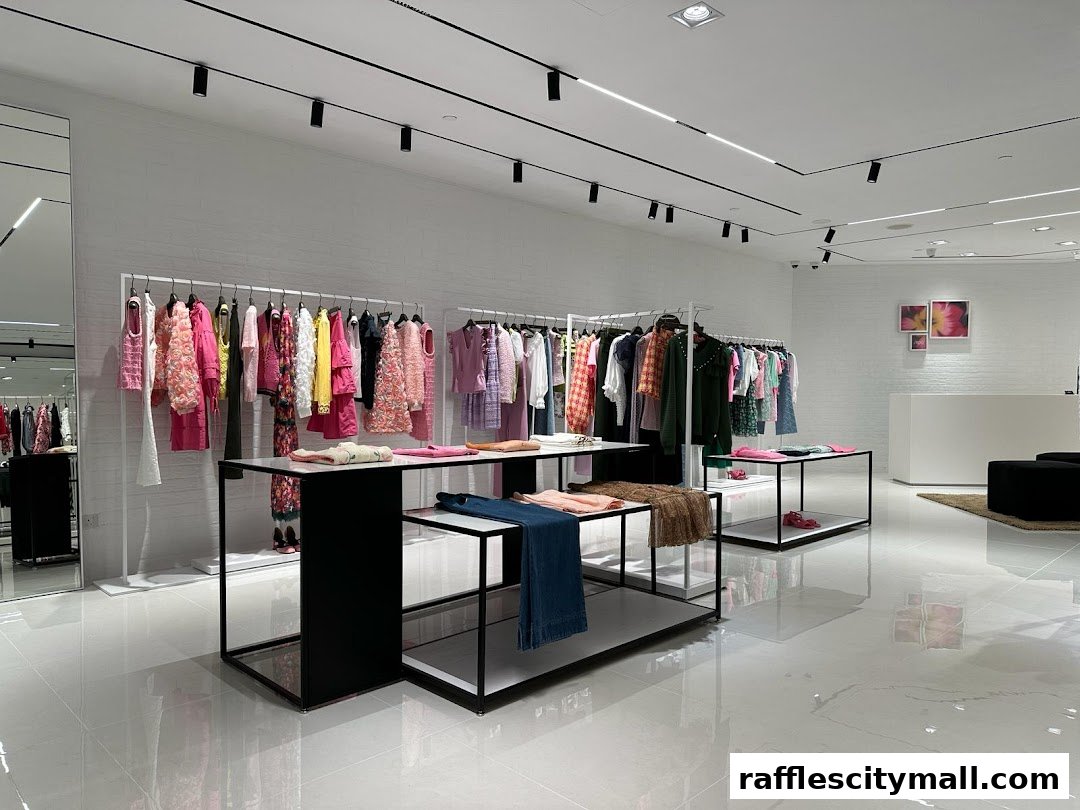 Interior view of a brightly lit clothing store with racks of colorful apparel.