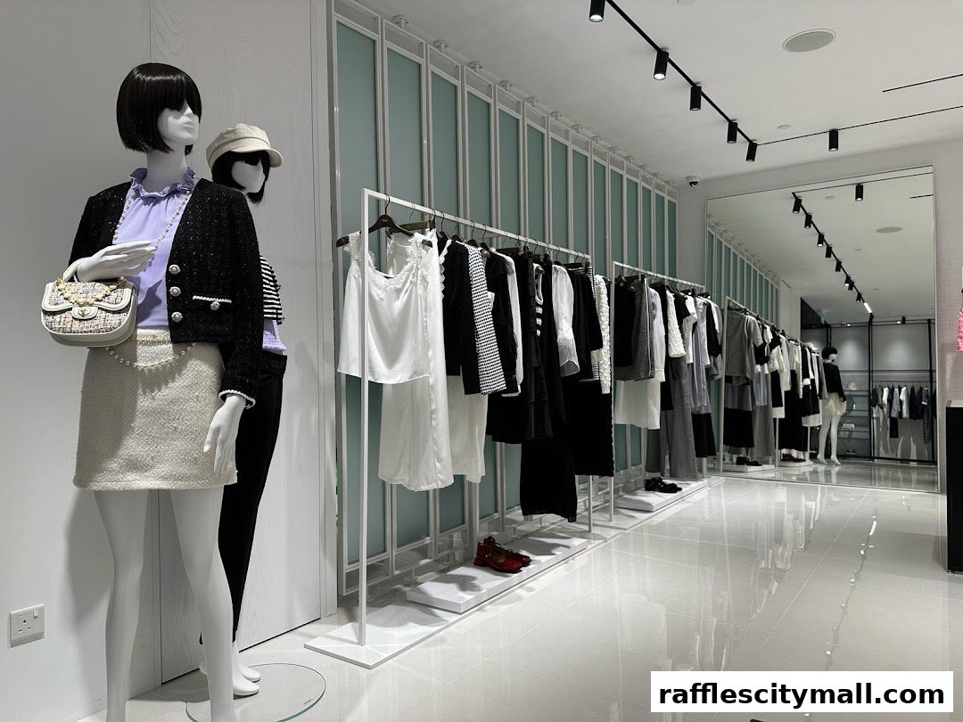 Mannequins display stylish outfits inside a modern clothing boutique with racks of apparel.