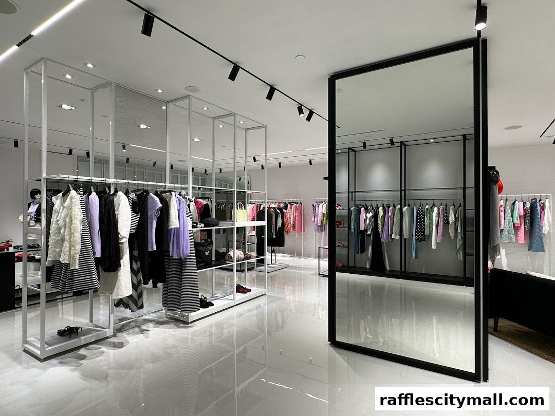 Interior view of a modern clothing store with racks of stylish apparel and a large mirror.