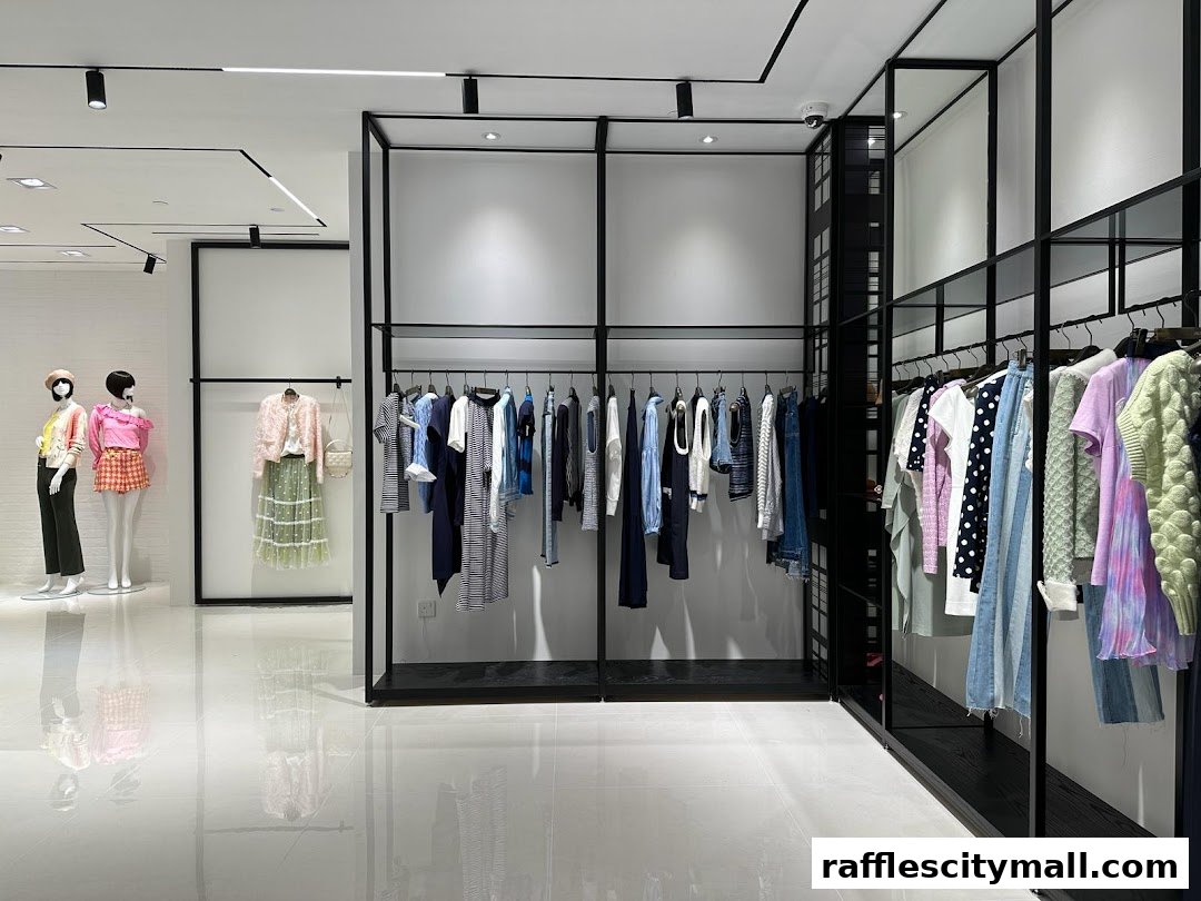 Interior view of a clothing store with mannequins and racks of apparel.