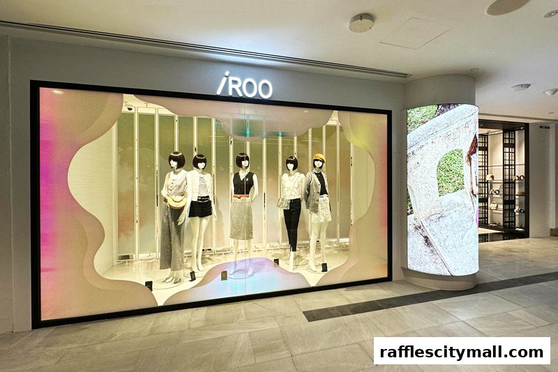 The iROO store features a stylish window display with mannequins showcasing fashionable outfits.