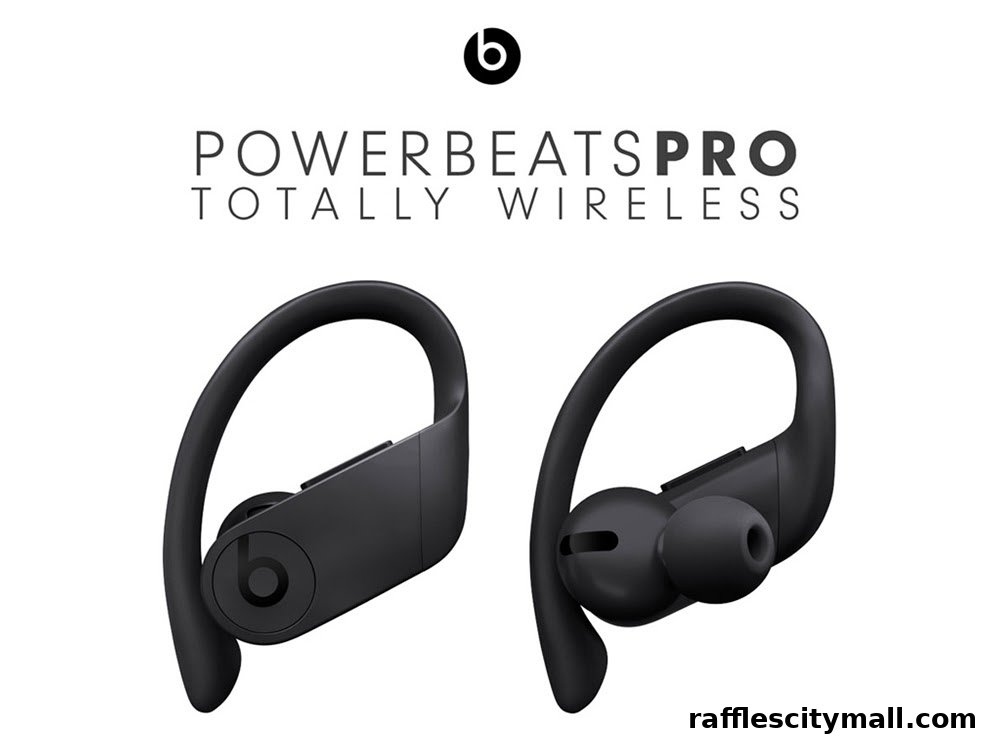 Black Powerbeats Pro totally wireless earbuds displayed against a white background.