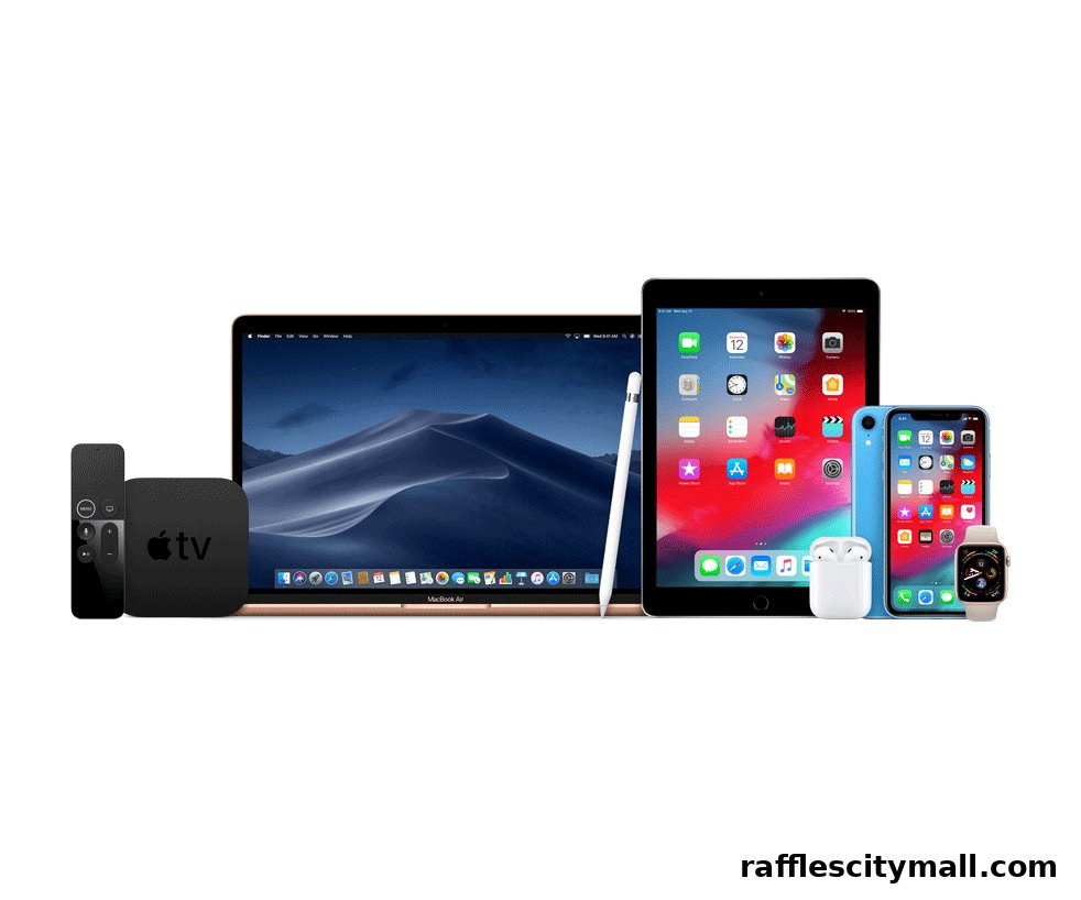A collection of Apple devices including a MacBook, iPad, iPhone, Apple Watch, Apple TV, and AirPods.