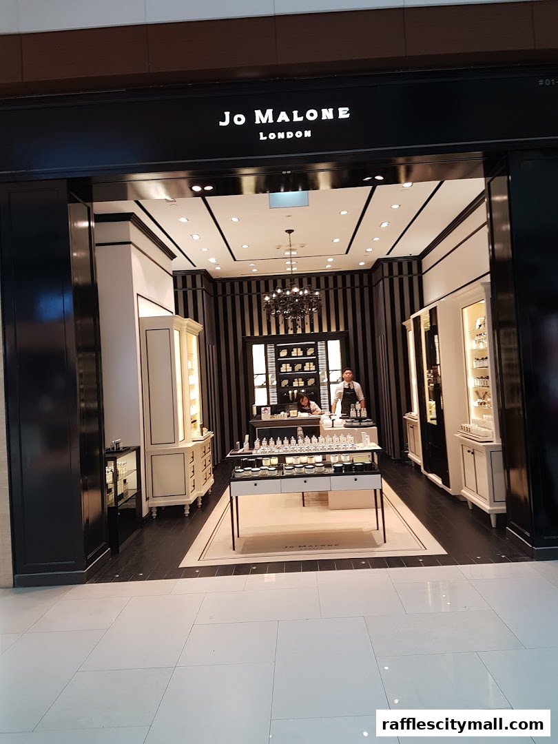 The entrance of a Jo Malone London store with displays of perfumes and staff.