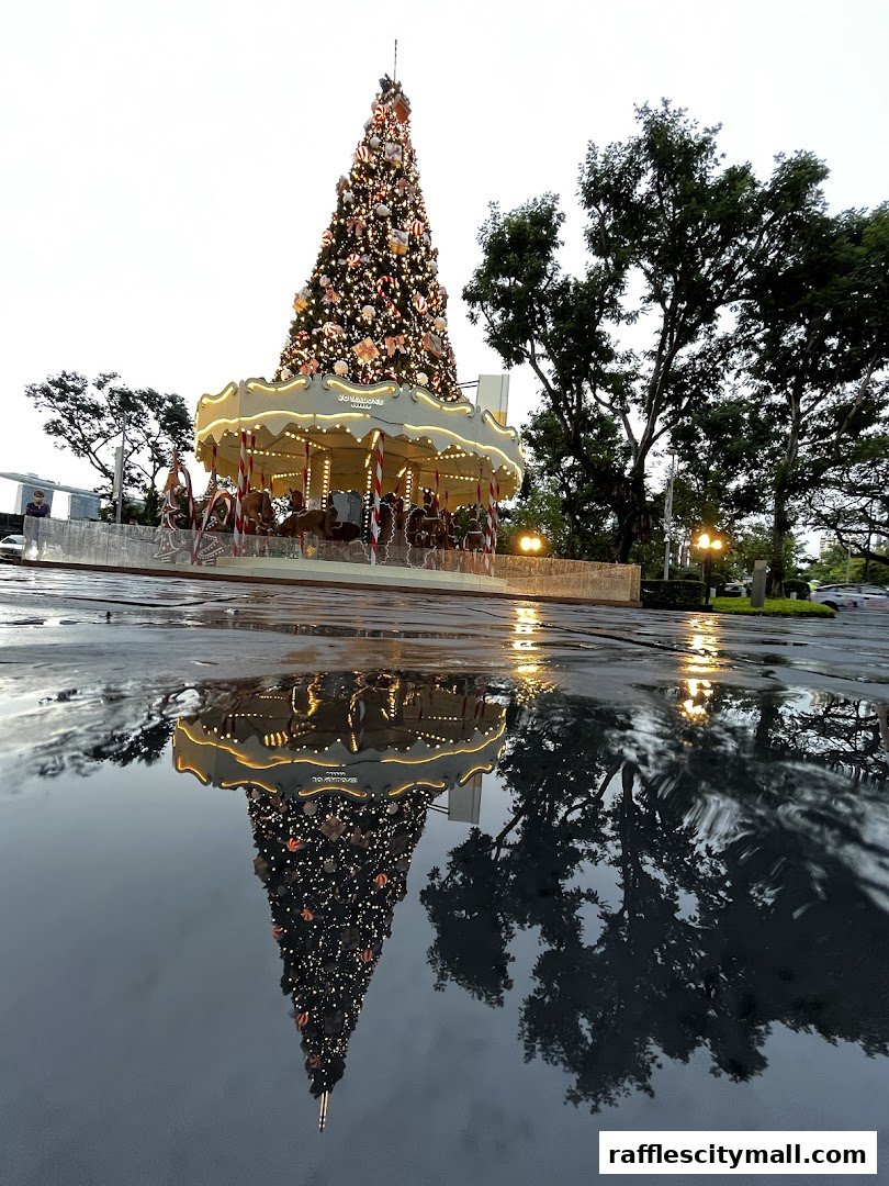 A festive Christmas tree and carousel reflected in wet pavement.