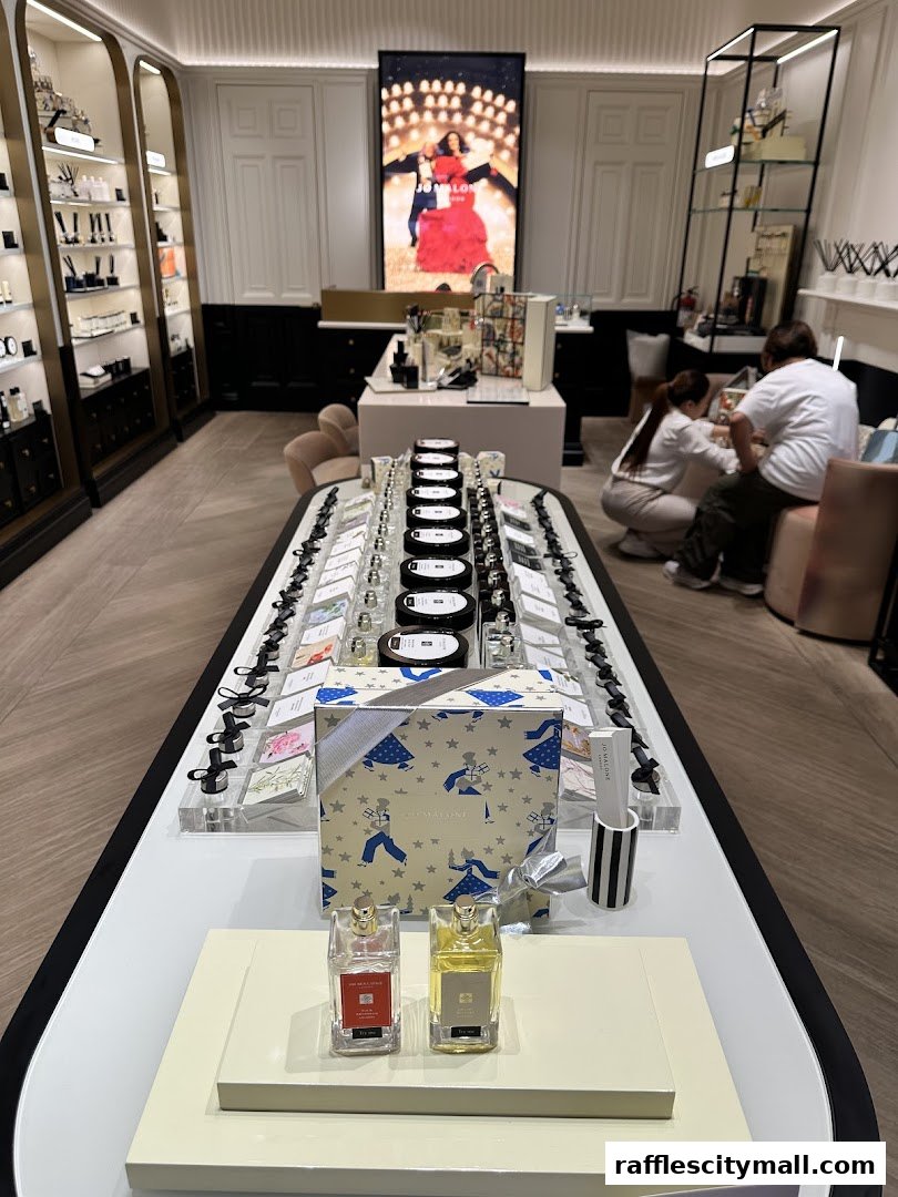 Interior of a Jo Malone London store showcasing perfumes and gift sets.