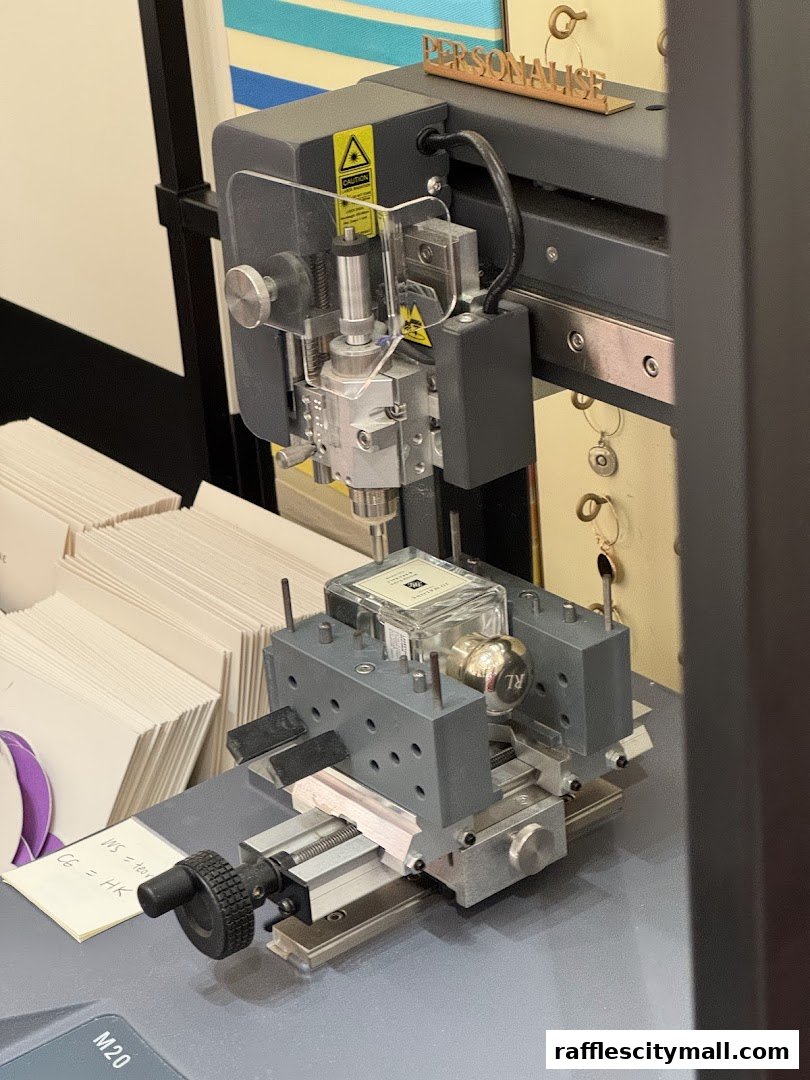 A machine personalizing a Jo Malone London perfume bottle with engraving.