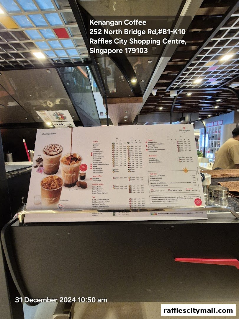 A menu from Kenangan Coffee at Raffles City Shopping Centre.