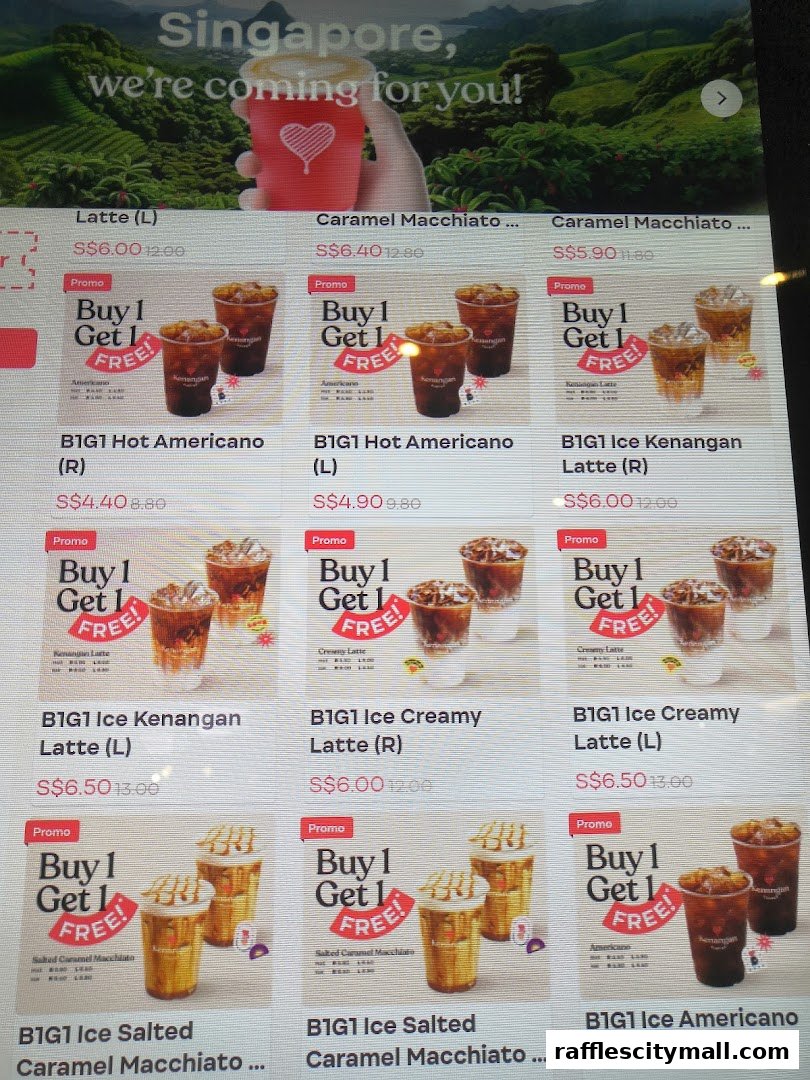 A menu display for Kenangan Coffee featuring various coffee drinks with 'Buy 1 Get 1 Free' promotions.
