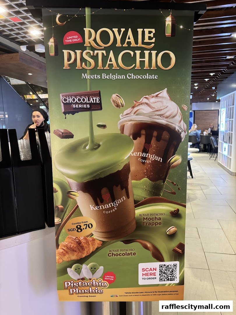 A promotional poster for Kenangan Coffee's Royale Pistachio drinks and a coming soon plushie.