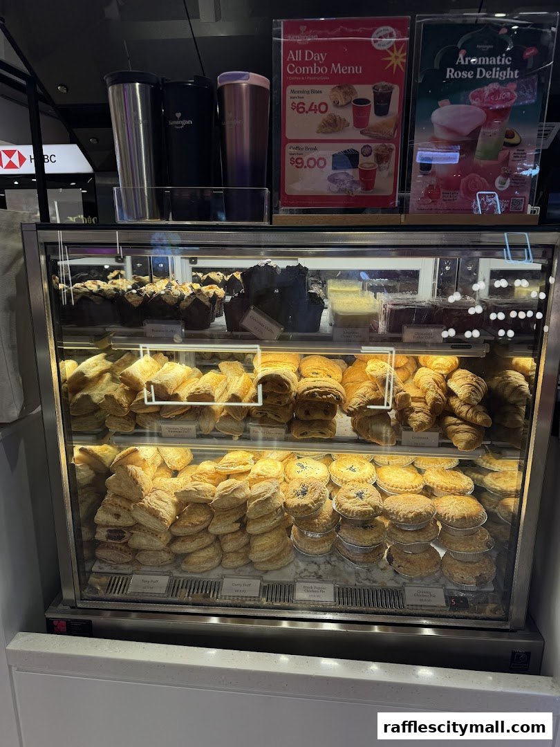 A display case filled with various pastries and baked goods, with menu boards above.