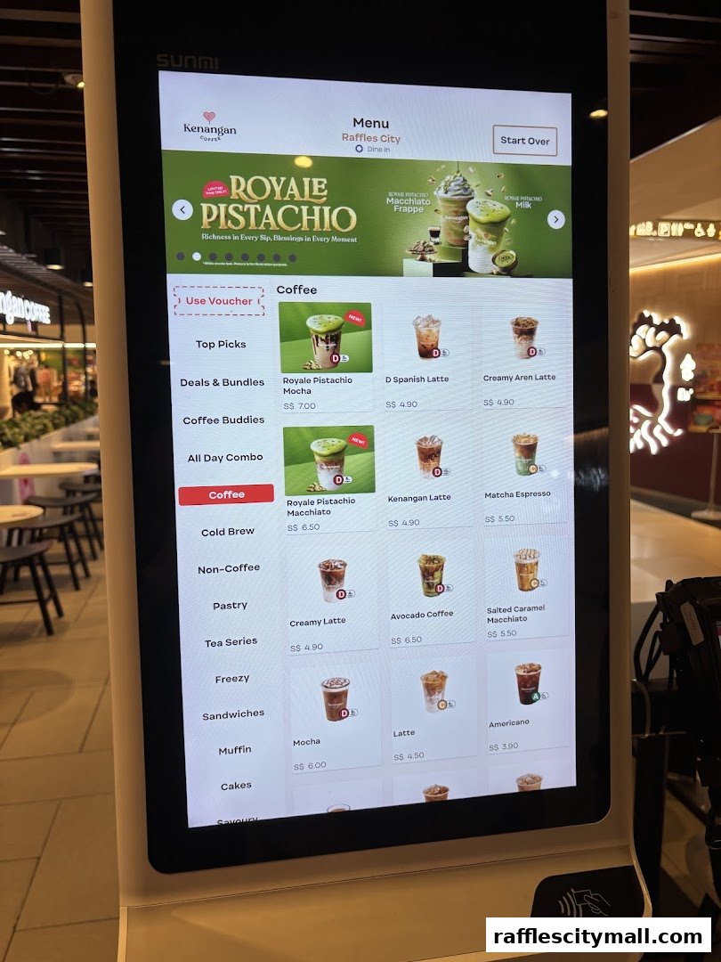 A digital menu screen displaying various coffee and drink options at Kenangan Coffee.