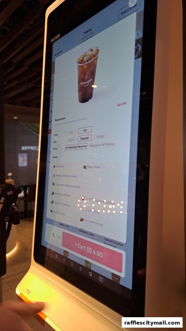 A digital menu displays an Americano coffee with customization options and price.