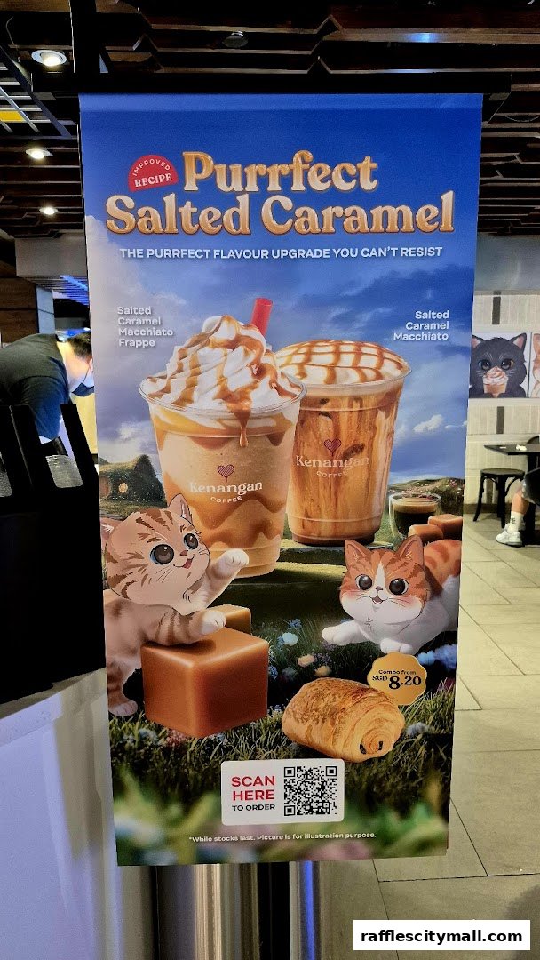 A promotional banner for Kenangan Coffee's Purrfect Salted Caramel drinks and a croissant combo.